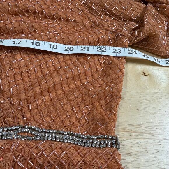 Mac Duggal NWT Copper Beaded Wrap Over Puff Sleeve Dress Rhinestone Waist Sz 20 - Picture 7 of 10